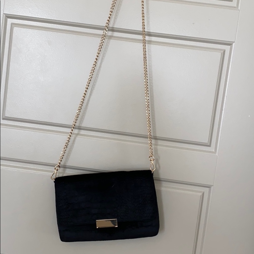 Black Gold Velvet Crocodile Crossbody Purse